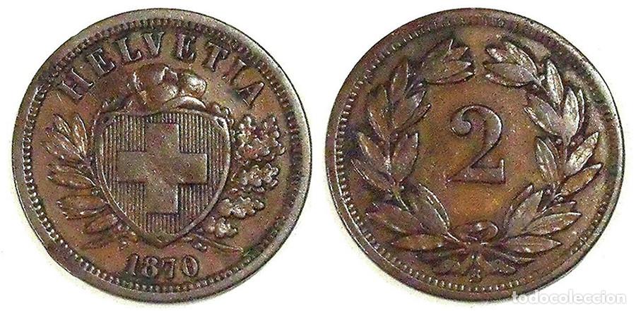Monedas antiguas de Europa: SUIZA - 2 RAPPEN - 1870B - COBRE - V.FINE - FECHA ESCASA