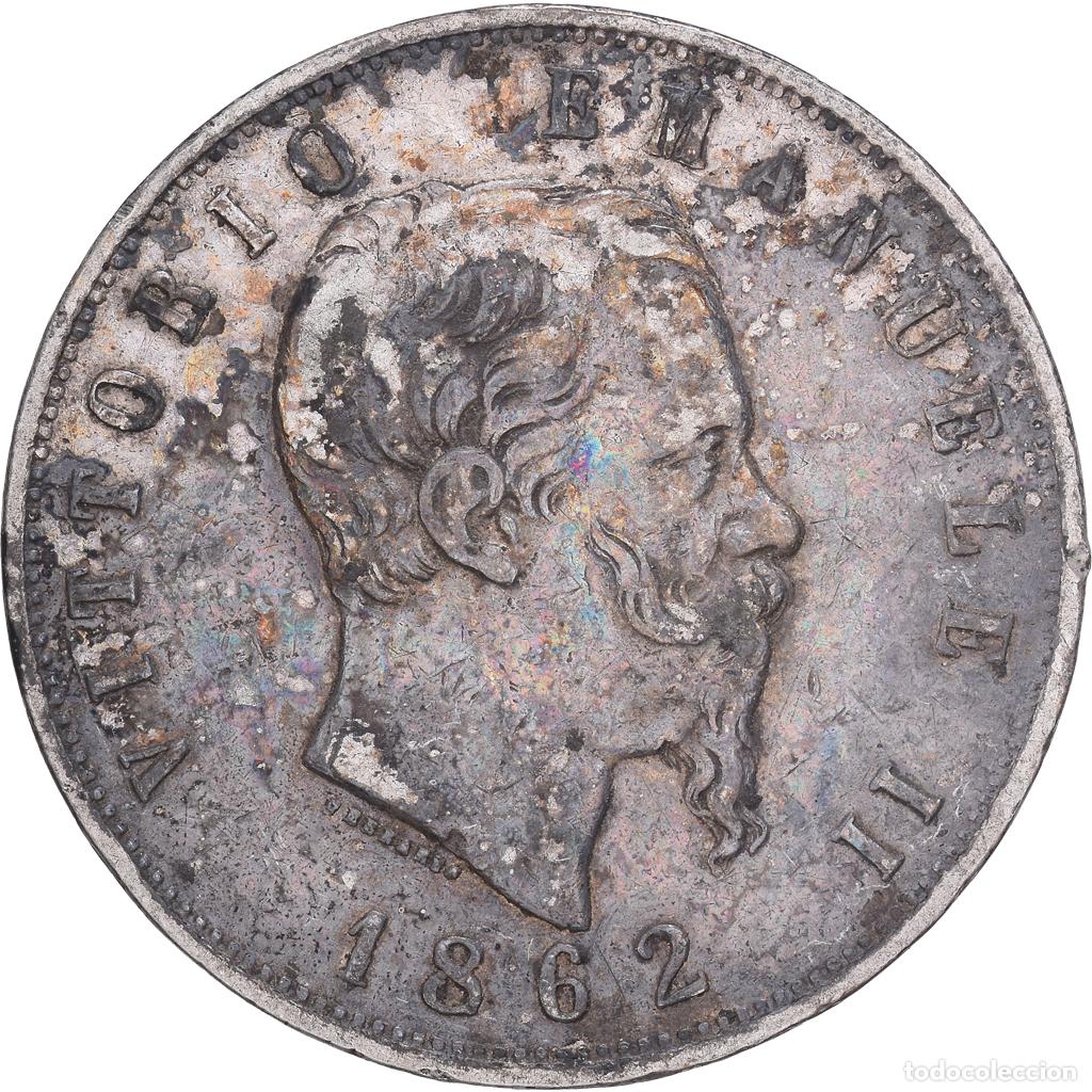 Monedas antiguas de Europa: [#1167589] Italia, Vittorio Emanuele II, 5 Lire, 1862, Naples, Rare, Plata, BC+, KM:8.2
