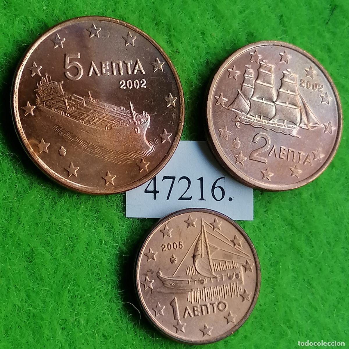 Monedas antiguas de Europa: Grecia, lote 3 monedas euro, 1 c&eacute;ntimo 2005, 2 y 5 c&eacute;ntimos 2002