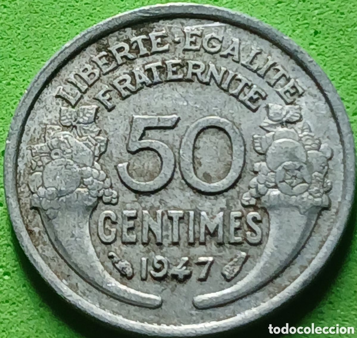 Monedas antiguas de Europa: Francia 50 c&eacute;ntimos 1947 km#894a sin marca de ceca