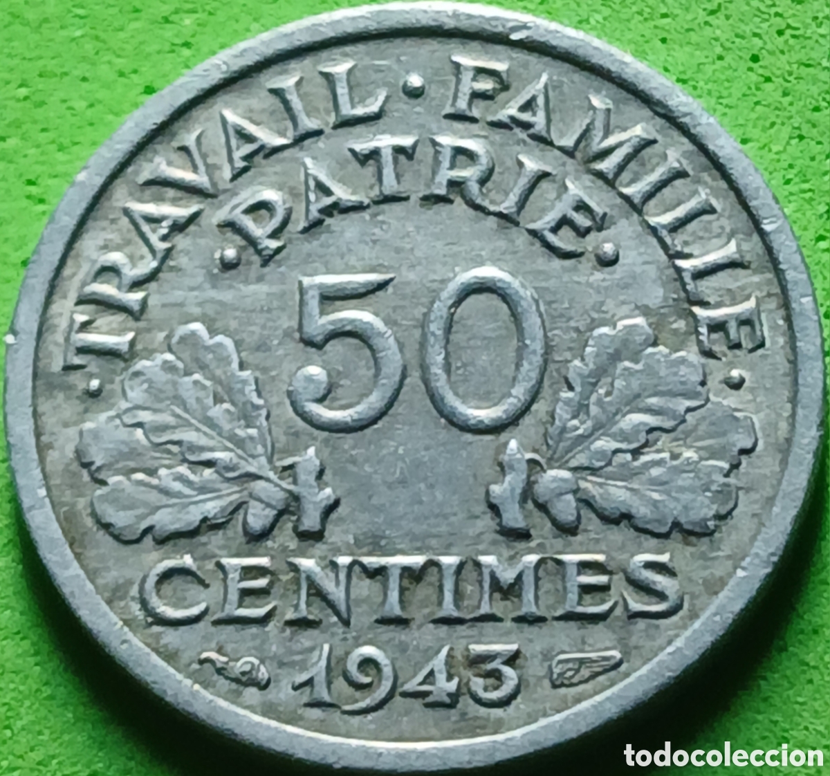 Monedas antiguas de Europa: Francia 50 c&eacute;ntimos 1943 km#914 sin marca de ceca