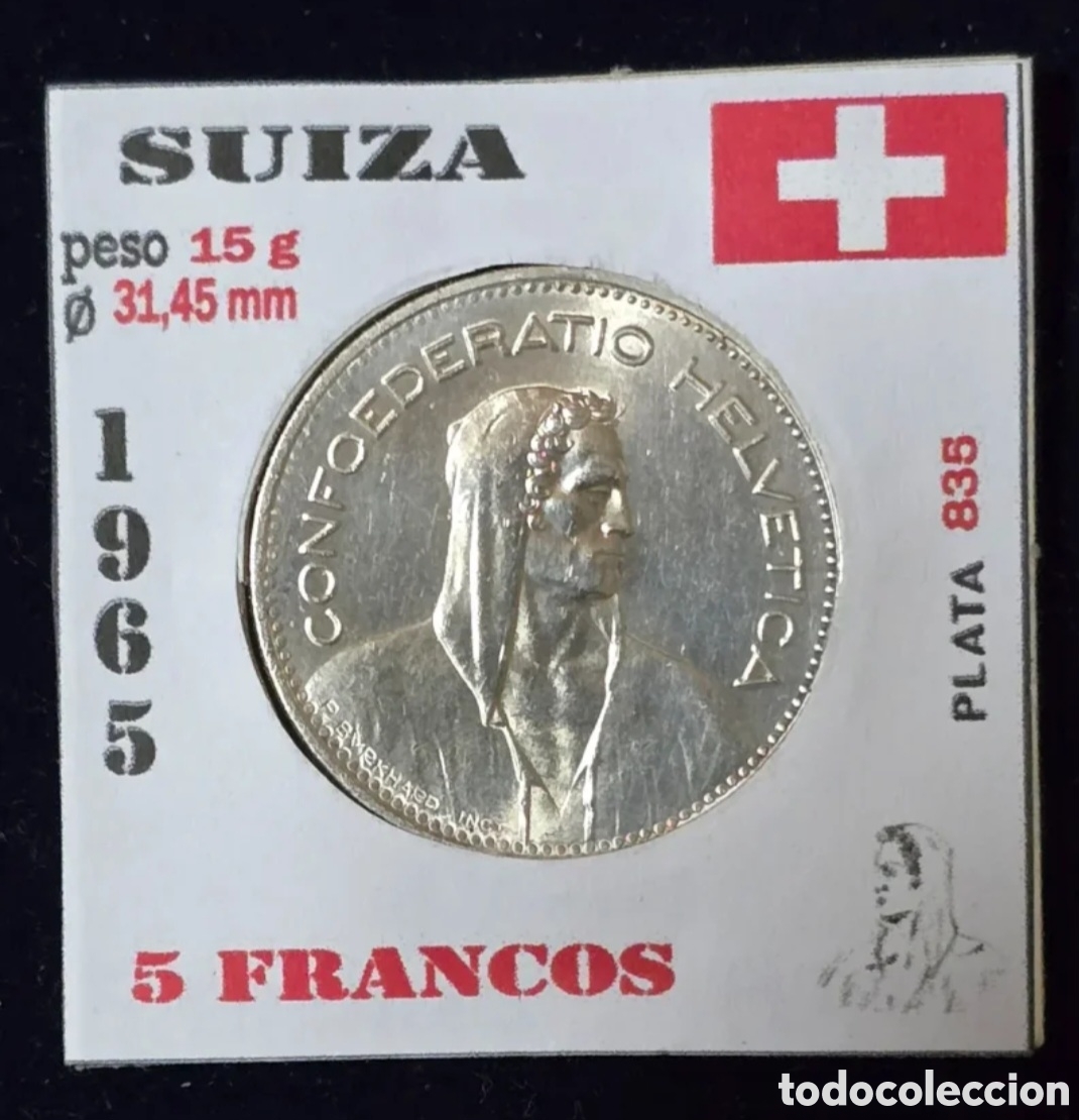 Monedas antiguas de Europa: Suiza 5 Francos de Plata de 1965