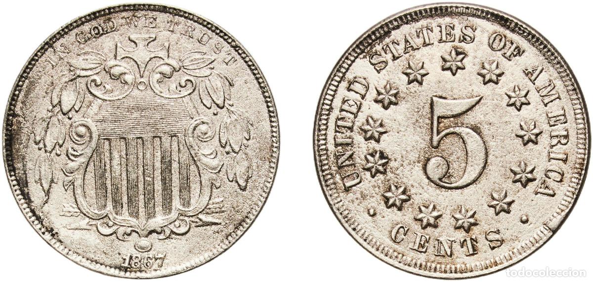 Monedas antiguas de Europa: United States Federal republic 1867 5 Cents &rdquo;Shield Nickel&rdquo; (without rays) Copper-nickel (.750 Cu,