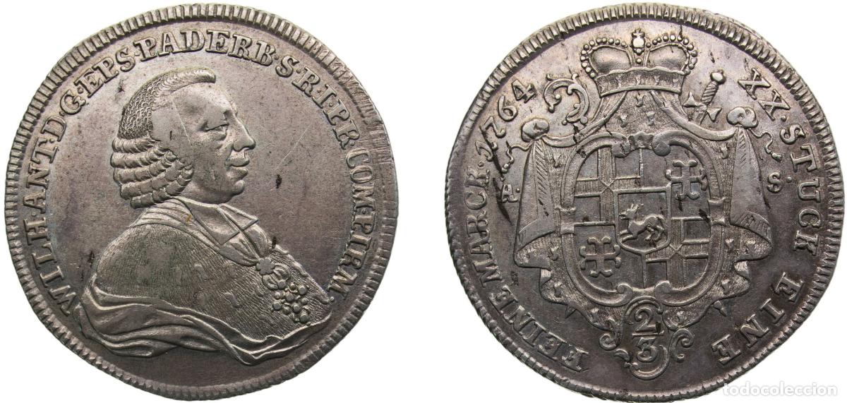 Monedas antiguas de Europa: Germany Bishopric of Paderborn Holy Roman Empire 1764 AS ⅔ Thaler - Wilhelm Anton von Asseburg Sil