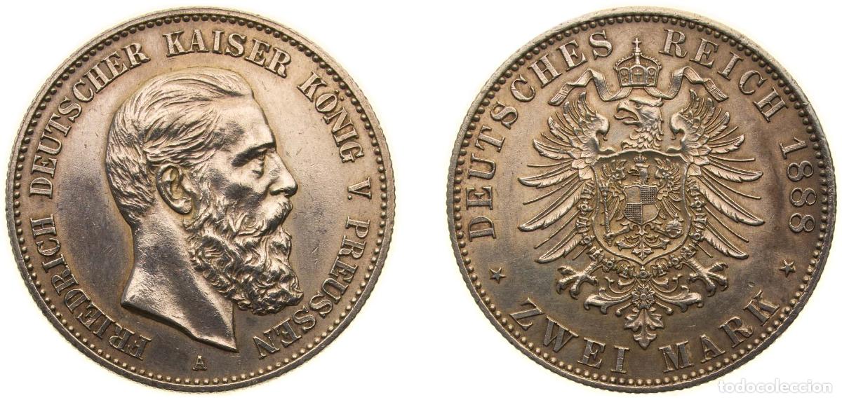 Monedas antiguas de Europa: Germany Kingdom of Prussia Second Empire 1888 A 2 Mark - Friedrich III Silver (.900) Berlin Mint (5