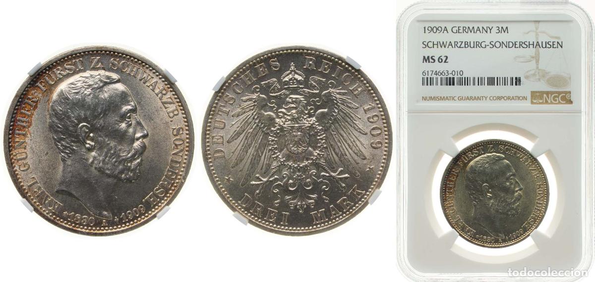 Monedas antiguas de Europa: Germany Principality of Schwarzburg-Sondershausen Second Empire 1909 A 3 Mark - Karl G&uuml;nther (Death