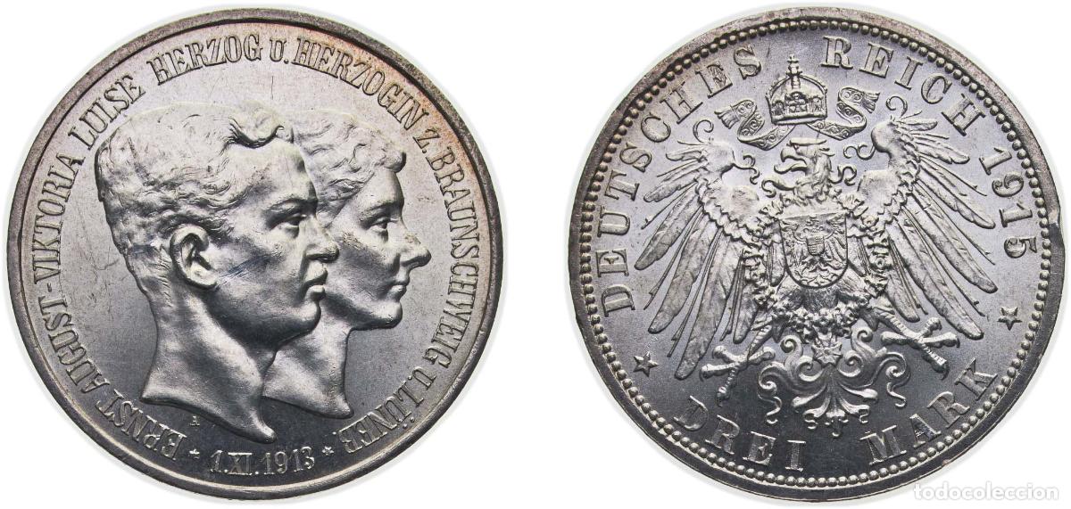 Monedas antiguas de Europa: Germany Duchy of Brunswick Second Empire 1915 A 3 Mark - Ernest August (Wedding) Silver (.900) Berl