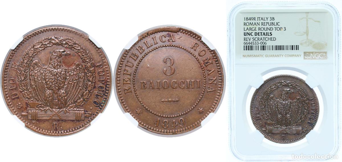 Monedas antiguas de Europa: Italy Roman Republic 1849 R 3 Baiocchi Copper Rome Mint 25g NGC UNC KM 23 MIR 3128 Munt 5/10 Berman