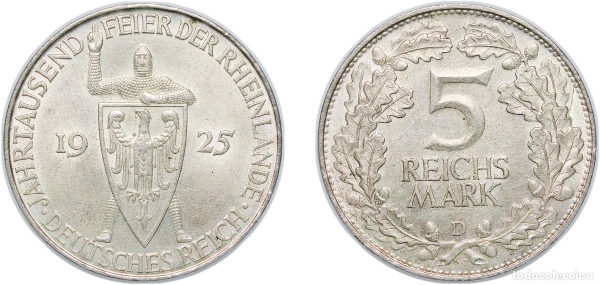 Monedas antiguas de Europa: Germany Germany - 1871-1948 Weimar Republic 1925 D 5 Reichsmark (Rhineland) Silver (.500) (452027)