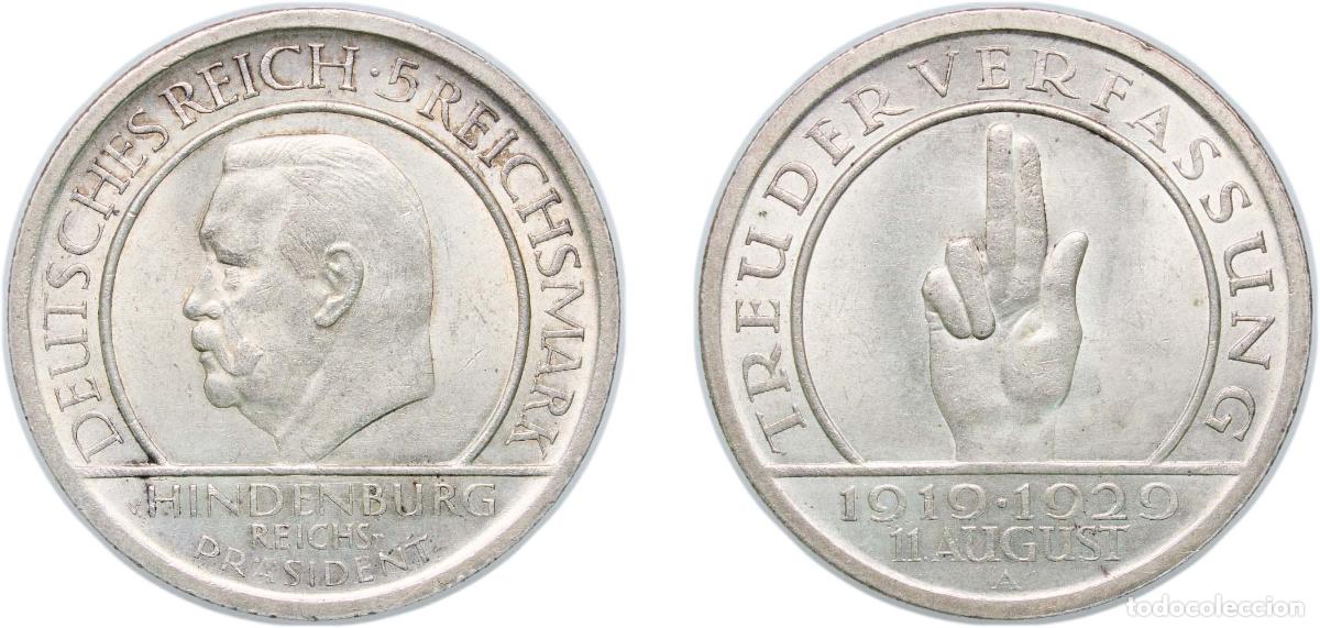 Monedas antiguas de Europa: Germany Germany - 1871-1948 Weimar Republic 1929 A 5 Reichsmark (Weimar Constitution) Silver (.500)