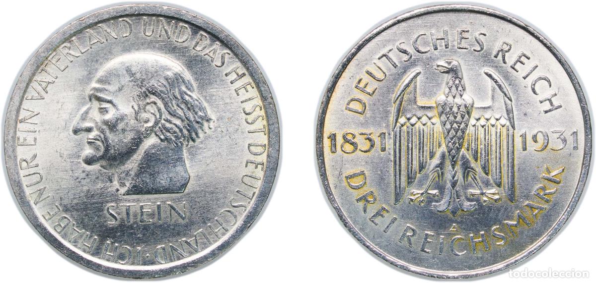 Monedas antiguas de Europa: Germany - 1871-1948 Weimar Republic 1931 A 3 Reichsmark (Freiherr vom Stein) Silver (.500) (150000)