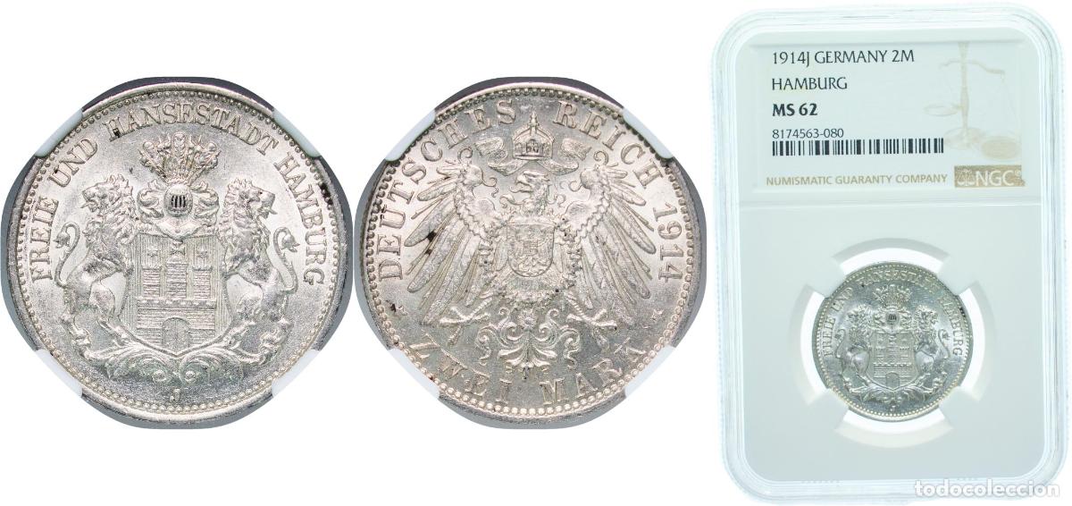 Monedas antiguas de Europa: Germany Free Hanseatic city of Hamburg German states 1914 J 2 Mark Silver (.900) Hamburg Mint (3277