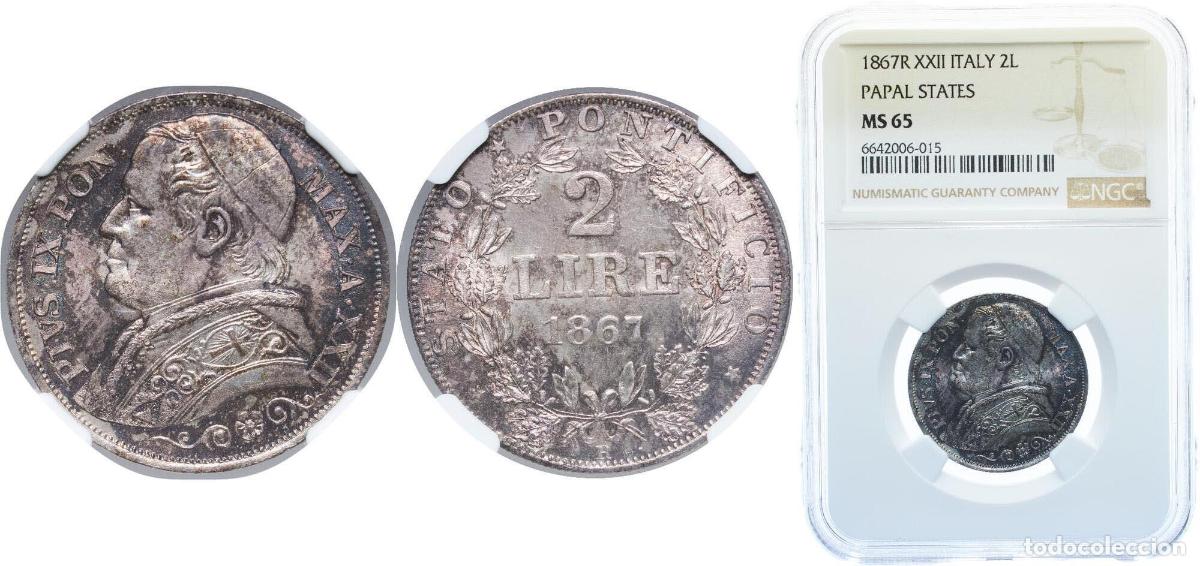 Monedas antiguas de Europa: Italy Papal States Italian states 1867 R 2 Lire - Pio IX Silver (.835) Rome Mint (1000000) NGC MS 6