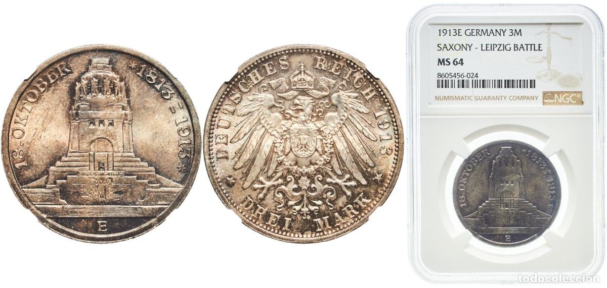 Monedas antiguas de Europa: Germany Kingdom of Saxony Second Empire 1913 E 3 Mark - Friedrich August III (Battle of Leipzig) Wo