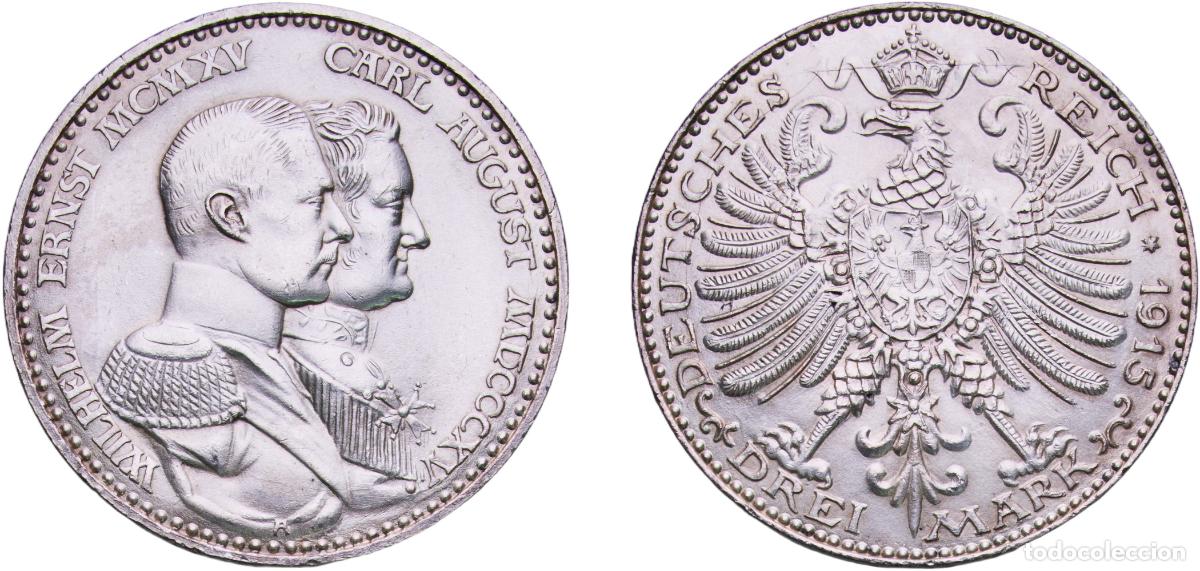 Monedas antiguas de Europa: Germany Grand Duchy of Saxe-Weimar-Eisenach Second Empire 1915 A 3 Mark - Wilhelm Ernst (Grand Duch
