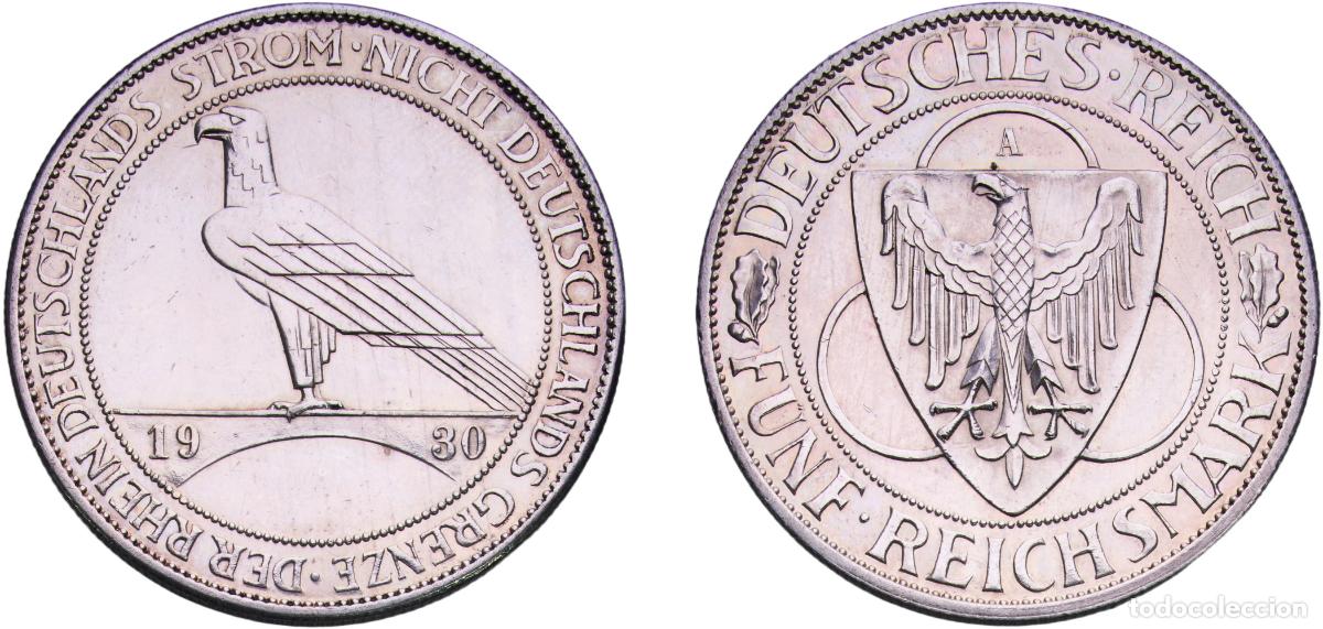 Monedas antiguas de Europa: Germany Weimar Republic 1930 A 5 Reichsmark (Liberation of Rhineland) Silver (.500) Berlin Mint (32
