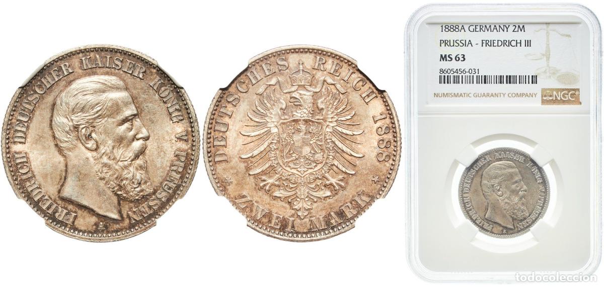 Monedas antiguas de Europa: Germany Kingdom of Prussia Second Empire 1888 A 2 Mark - Friedrich III Silver (.900) Berlin Mint (5