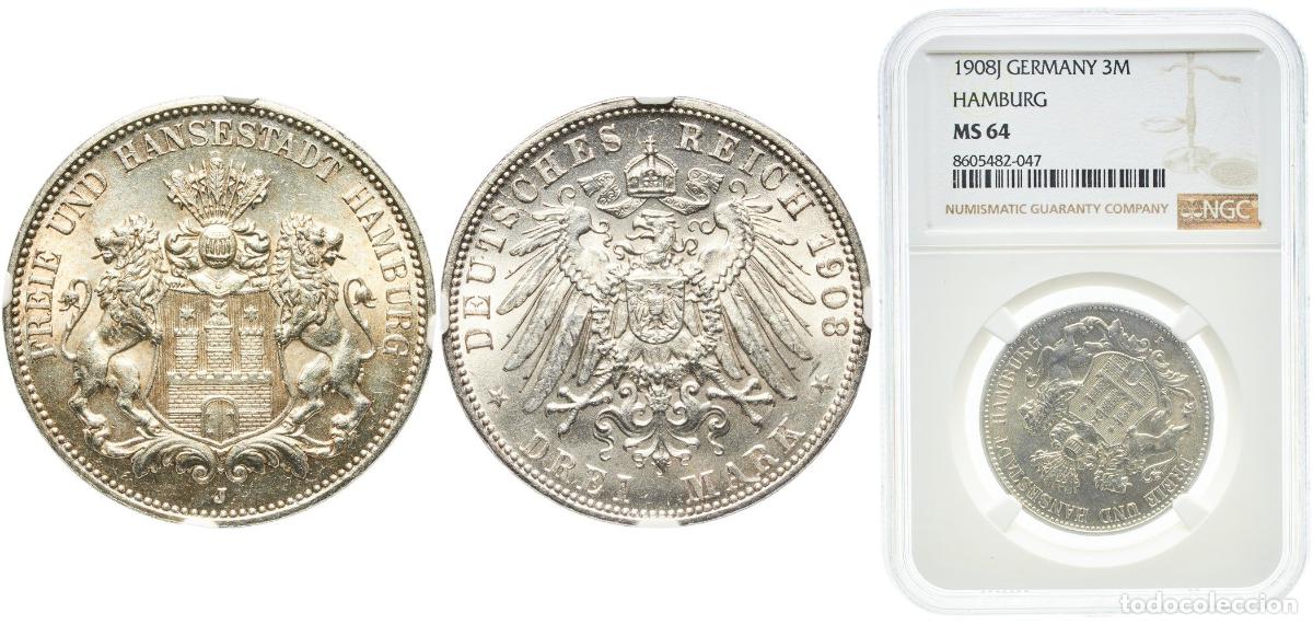 Monedas antiguas de Europa: Germany Free Hanseatic city of Hamburg Second Empire 1908 J 3 Mark Silver (.900) (408475) 16.67g NG