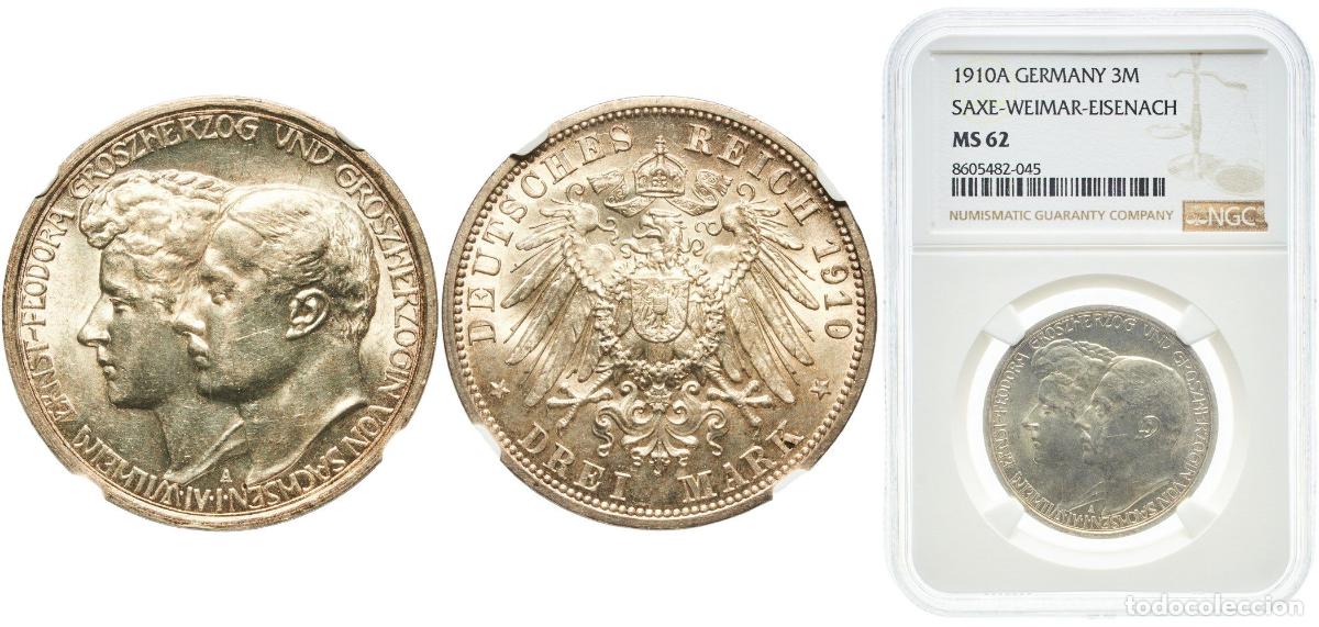 Moedas antigas da Europa: Germany Grand Duchy of Saxe-Weimar-Eisenach Second Empire 1910 A 3 Mark - Wilhelm Ernst (Duke's Mar