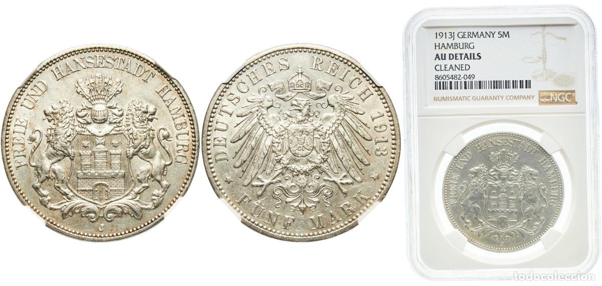 Monedas antiguas de Europa: Germany Free Hanseatic city of Hamburg Second Empire 1913 J 5 Mark Silver (.900) (327000) 27.77g NG
