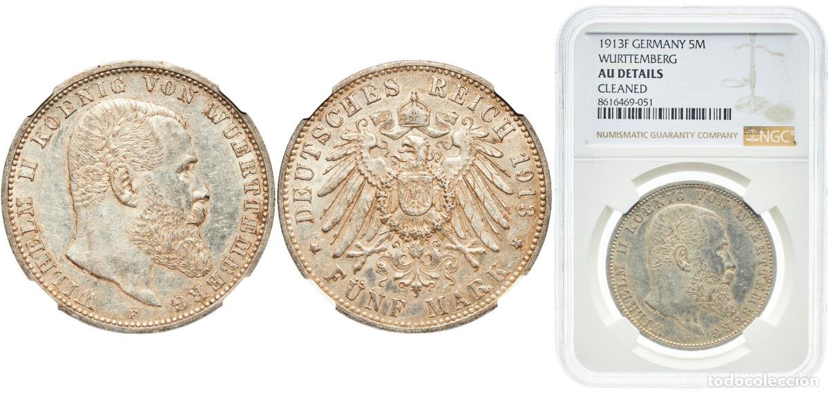 Monedas antiguas de Europa: Germany Kingdom of W&uuml;rttemberg Second Empire 1913 F 5 Mark - Wilhelm II Silver (.900) Staatliche M&uuml;