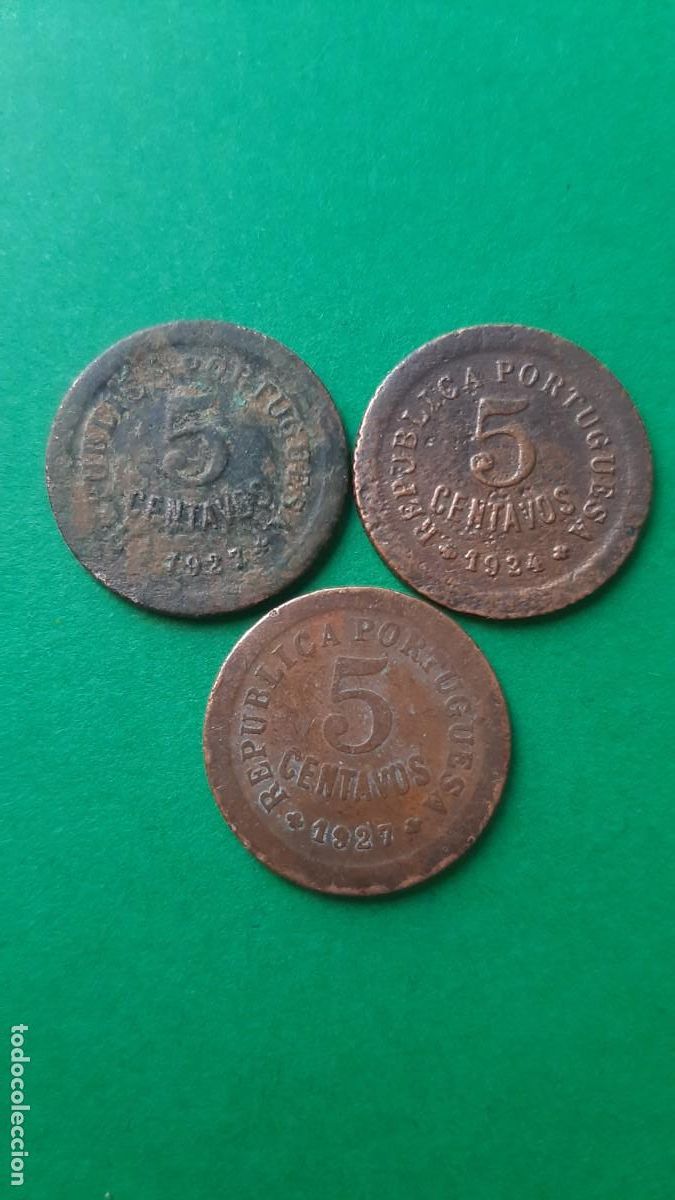 Monedas antiguas de Europa: (PORTUGAL)(BRONCE) LOTE DE 3 MONEDAS DE 5 CENTAVOS A&Ntilde;O 1924 Y 1927