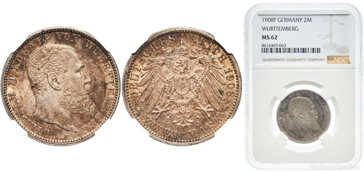 Monedas antiguas de Europa: Germany Kingdom of W&uuml;rttemberg Second Empire 1908 F 2 Mark - Wilhelm II Wonderful patina Silver (.9