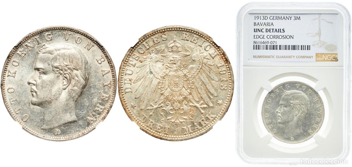 Monedas antiguas de Europa: Germany Kingdom of Bavaria Second Empire 1913 D 3 Mark - Otto Silver (.900) Munich Mint (713275) 16