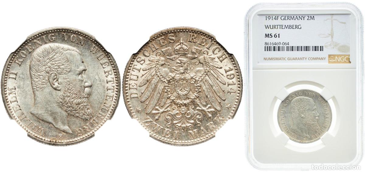 Monedas antiguas de Europa: Germany Kingdom of W&uuml;rttemberg Second Empire 1914 F 2 Mark - Wilhelm II Silver (.900) Staatliche M&uuml;