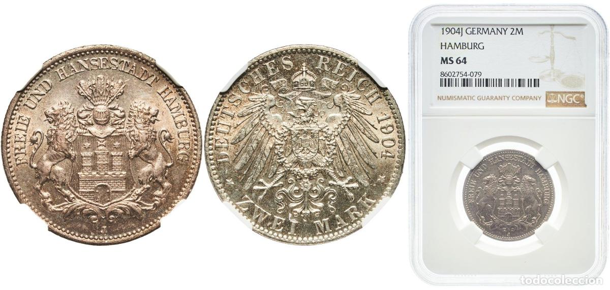 Monedas antiguas de Europa: Germany Free Hanseatic city of Hamburg Second Empire 1904 J 2 Mark Slight patina With traces of lus