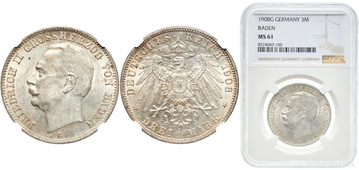 Monedas antiguas de Europa: Germany Grand Duchy of Baden Second Empire 1908 G 3 Mark - Friedrich II Silver (.900) Karlsruhe Min