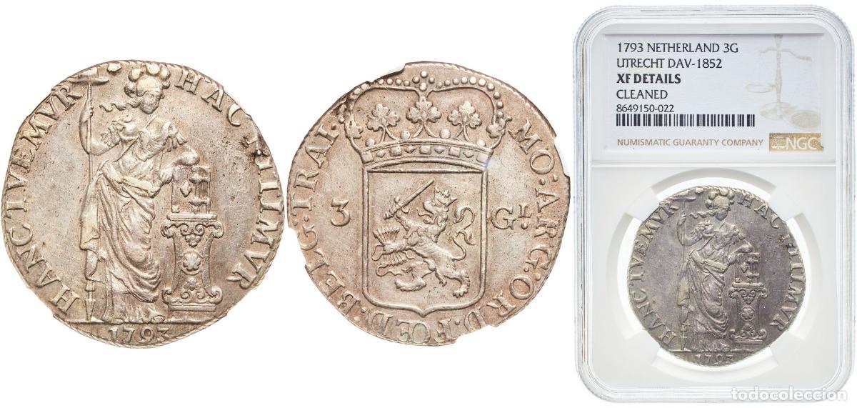 Monedas antiguas de Europa: Netherlands Utrecht, Province of 1793 3 Gulden Silver (.920) Utrecht Mint 31.28g NGC XF Cleaned KM