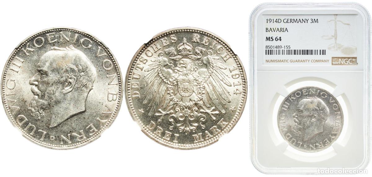 Monedas antiguas de Europa: Germany Kingdom of Bavaria 1914 D 3 Mark - Ludwig III Silver (.900) Munich Mint (717460) 16.67g NGC