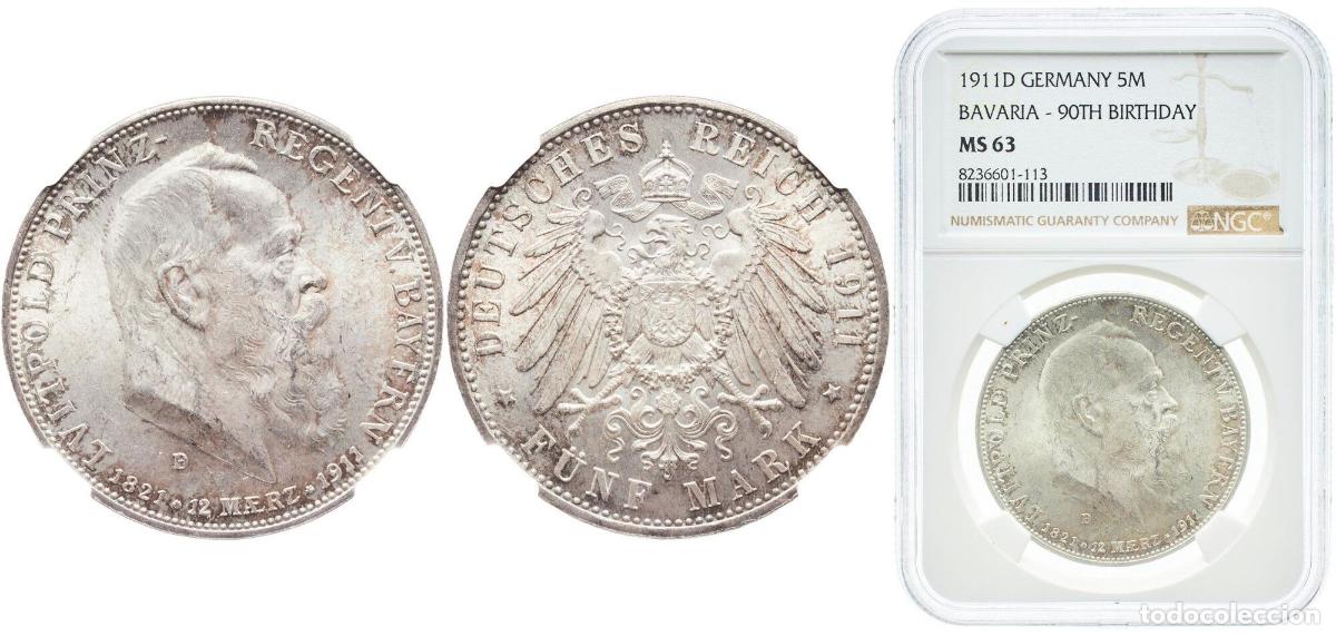 Monedas antiguas de Europa: Germany Kingdom of Bavaria Second Empire 1911 D 5 Mark - Otto Prince Regent Luitpold Silver (.900)