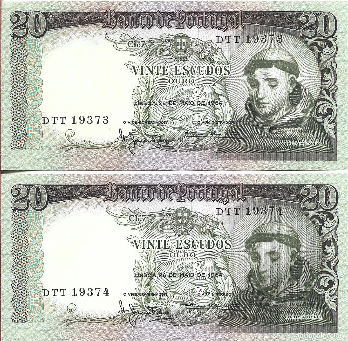 Monedas antiguas de Europa: Billetes PORTUGAL 1964. 20 Escudos. P167b.3. Santo Ant&oacute;nio. Pareja.