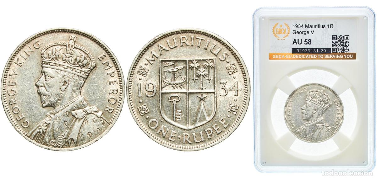 Monedas antiguas de Europa: Mauritius British crown colony 1934 1 Rupee - George V Silver (.916) Royal Mint (Tower Hill) (15000