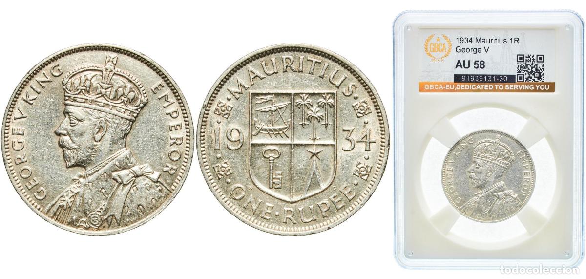 Monedas antiguas de Europa: Mauritius British crown colony 1934 1 Rupee - George V Silver (.916) Royal Mint (Tower Hill) (15000