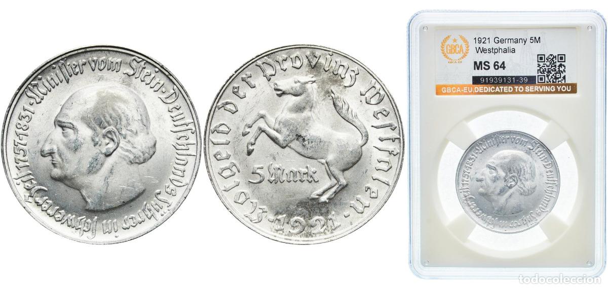Monedas antiguas de Europa: Germany Prussian province of Westphalia Weimar Republic 1921 5 Mark - Westfalen (Freiherr vom Stein
