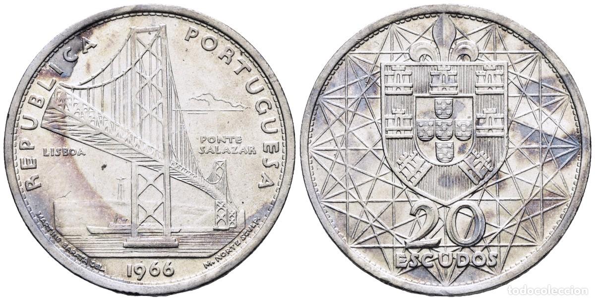 Monedas antiguas de Europa: *** MUY BONITOS 20 ESCUDOS DE PORTUGAL. 1966 LISBOA. PUENTE SALAZAR. PLATA ***