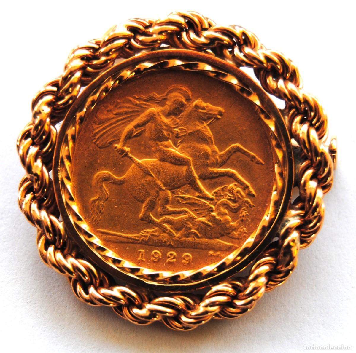 Monedas antiguas de Europa: broche de oro con moneda engarzada de George V. 1 soberano ORO 1929