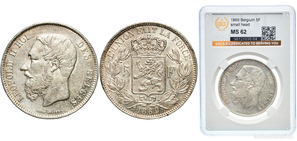 Monedas antiguas de Europa: Belgium Kingdom 1869 5 Francs - L&eacute;opold II (small head) Silver (.900) (10% copper) Royal Mint of Be
