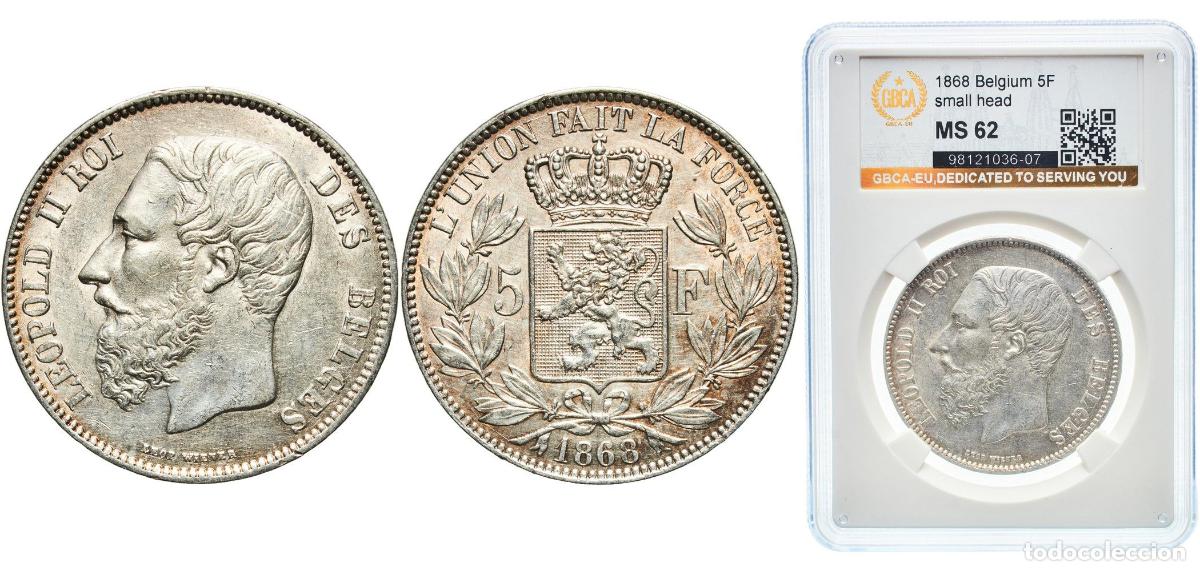 Monedas antiguas de Europa: Belgium Kingdom 1868 5 Francs - L&eacute;opold II (small head) Silver (.900) (10% copper) Royal Mint of Be