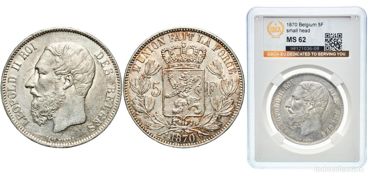 Monedas antiguas de Europa: Belgium Kingdom 1870 5 Francs - L&eacute;opold II (small head) Silver (.900) (10% copper) Royal Mint of Be