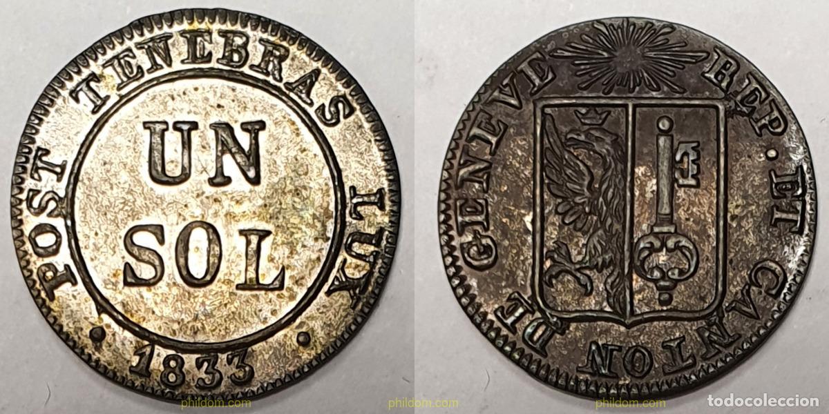Moedas antigas da Europa: 245 SUIZA 1833 UN SOL GENEVA-CANTON.REFORM COINGE