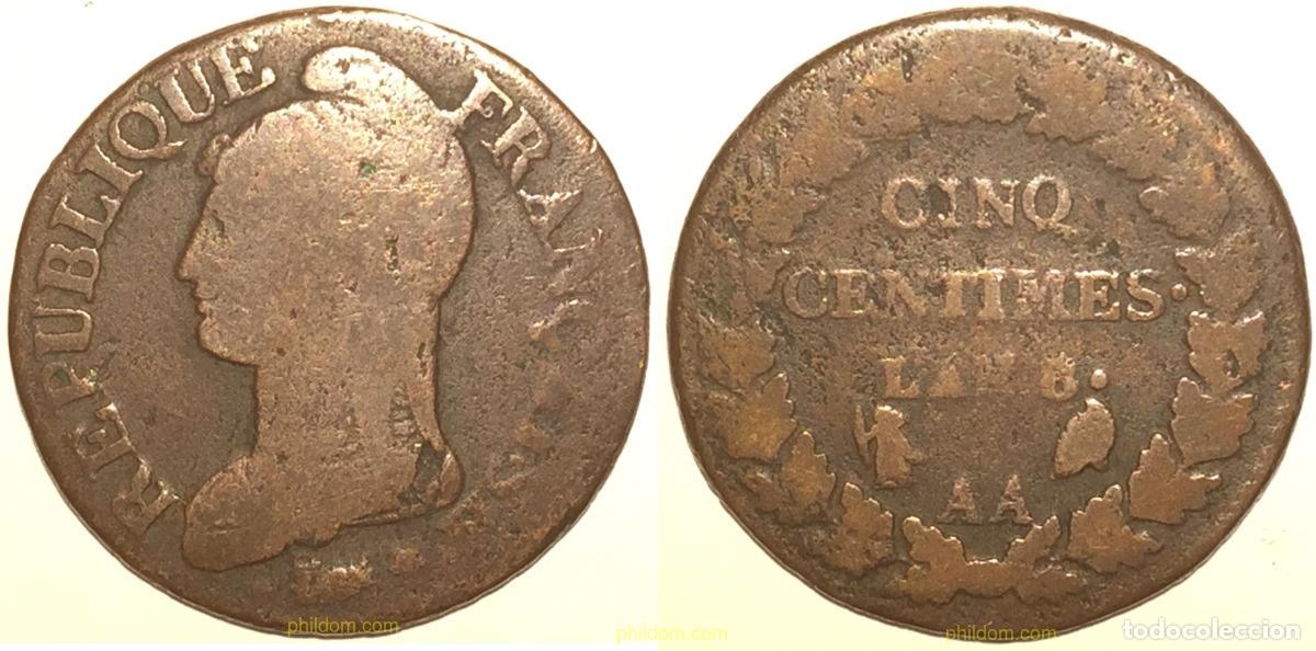 Moedas antigas da Europa: 1761 FRANCIA 1799 CINQ CENTIMES DUPRE L AN 8. AA