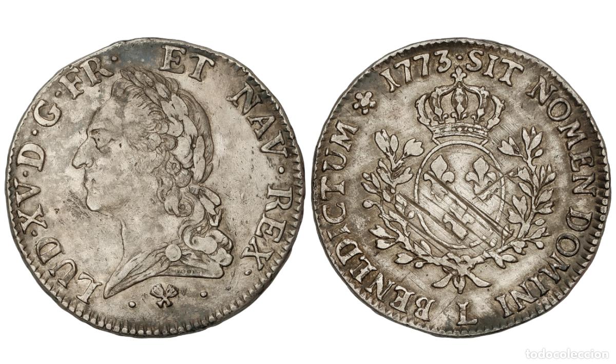 Monedas antiguas de Europa: SC-Francia - Luis XV. Ecu 1773 L. Bayona . Plata 29,06 g. Ecu cabeza vieja