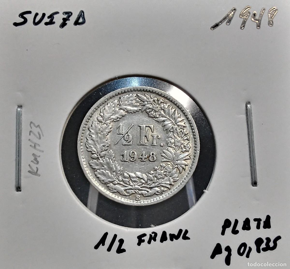 Monedas antiguas de Europa: SUIZA 1/2 FRANCO / FRANC 1948 KM#23 MBC+ PLATA AG 0,835 2,5 GRAMOS.