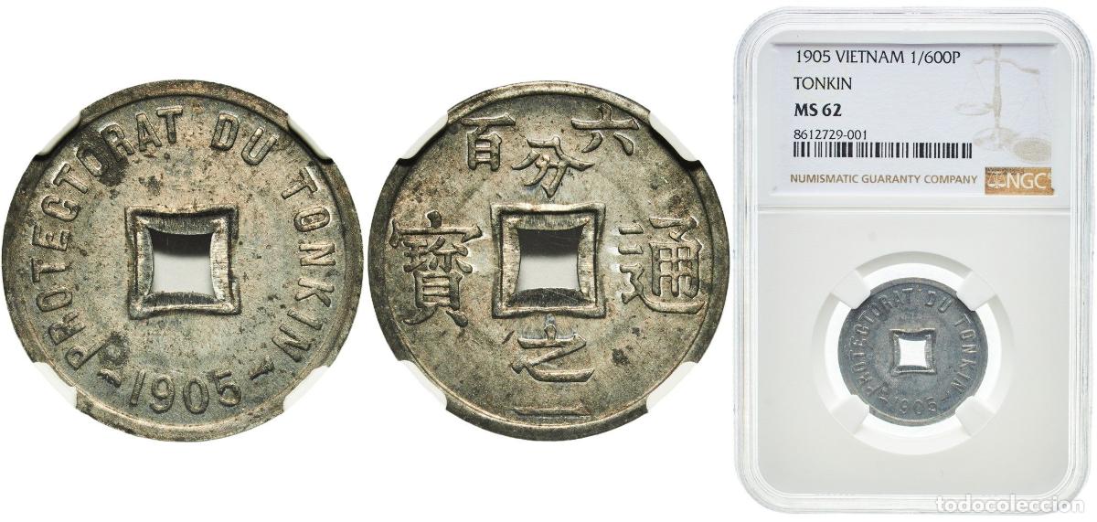 Monedas antiguas de Europa: Vietnam Tonkin French colony 1905 1&frasl;600 Piastre Zinc Paris Mint (60000000) 2.1g NGC MS 62 KM 1 Lec