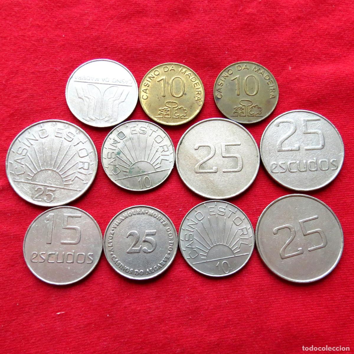 Monedas antiguas de Europa: Portugal 3 fichas 10 15 25 escudos casino Madeira Estoril Algarve