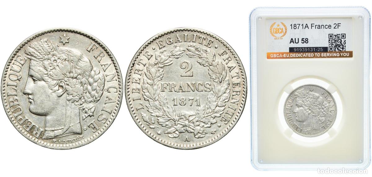 Alte M&uuml;nzen aus Europa: France Third Republic 1871 A 2 Francs (Reverse Legend) Silver (.835) Paris Mint (4709003) 10g GBCA